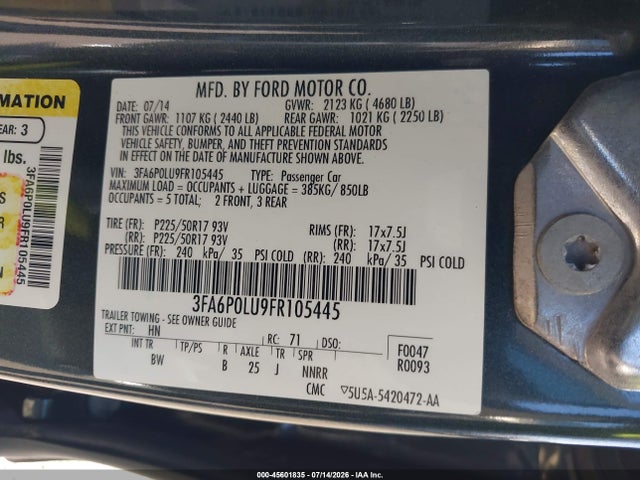 3FA6P0LU9FR105445 Ford Fusion Hybrid Se