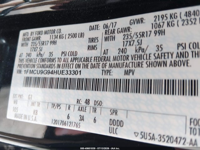 1FMCU9G94HUE33301 Ford ESCAPE SE