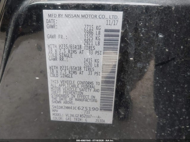 Продажа на аукционе авто 2018 Nissan Pathfinder Sl, vin: 5N1DR2MM4JC625190, номер лота: 45601845