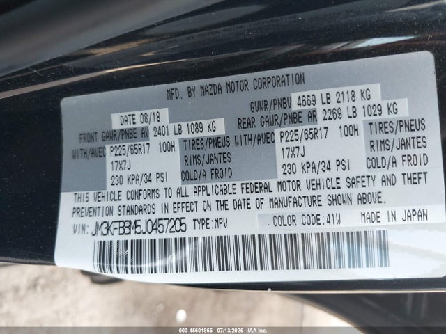 Aukcja sprzedaży 2018 Mazda Cx-5 Sport, vin: JM3KFBBM5J0457205, numer aukcji: 45601865