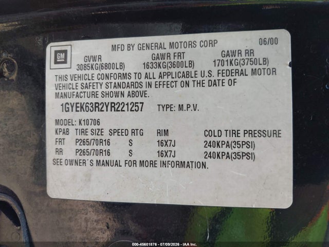Продаж на аукціоні авто 2000 Cadillac Escalade Standard, vin: 1GYEK63R2YR221257, номер лоту: 45601876
