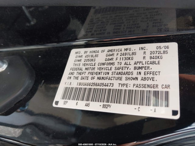 45601880 :رقم المزاد ، 19UUA66256A054473 vin ، 2006 Acura Tl مزاد بيع