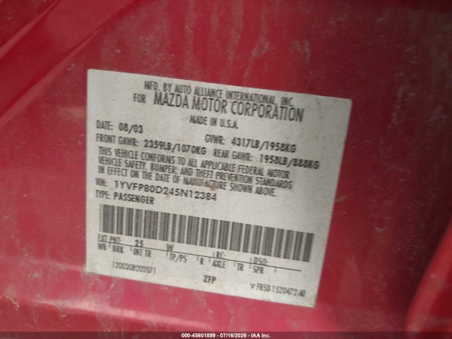Aukcja sprzedaży 2004 Mazda Mazda6 S, vin: 1YVFP80D245N12384, numer aukcji: 45601899