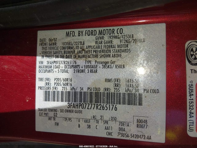 Продаж на аукціоні авто 2007 Ford Fusion Se, vin: 3FAHP07Z77R265176, номер лоту: 45601922