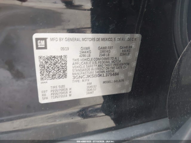 Auction sale of the 2019 Chevrolet Trax Ls, vin: 3GNCJKSB0KL375484, lot number: 45601925