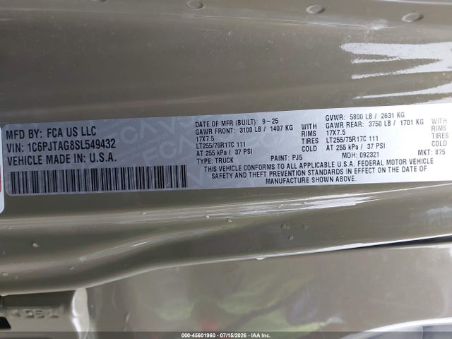 Продаж на аукціоні авто 2025 Jeep Gladiator High Tide, vin: 1C6PJTAG8SL549432, номер лоту: 45601960