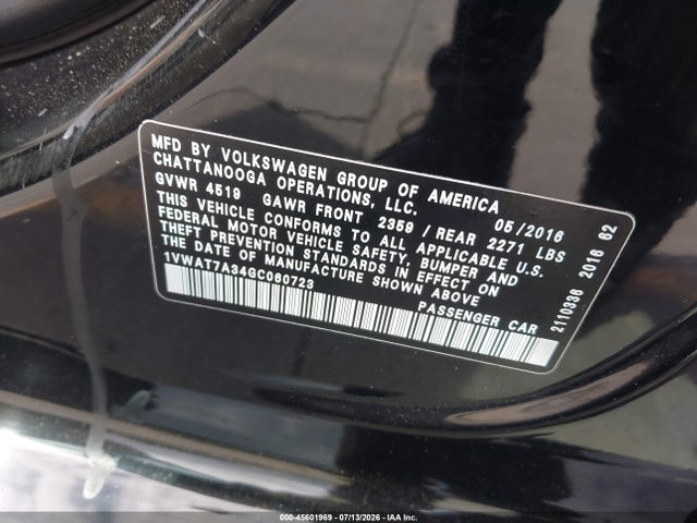 2016 Volkswagen Passat 1.8t R-line მანქანა იყიდება აუქციონზე, vin: 1VWAT7A34GC060723, აუქციონის ნომერი: 45601969