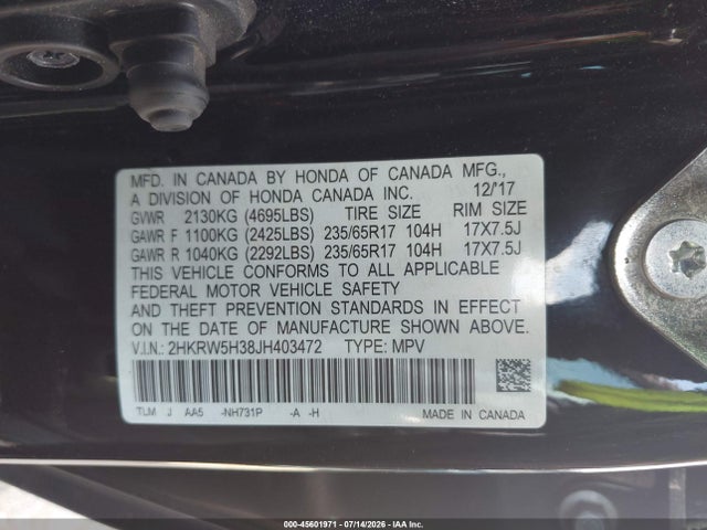 45601971 :رقم المزاد ، 2HKRW5H38JH403472 vin ، 2018 Honda Cr-v Lx مزاد بيع