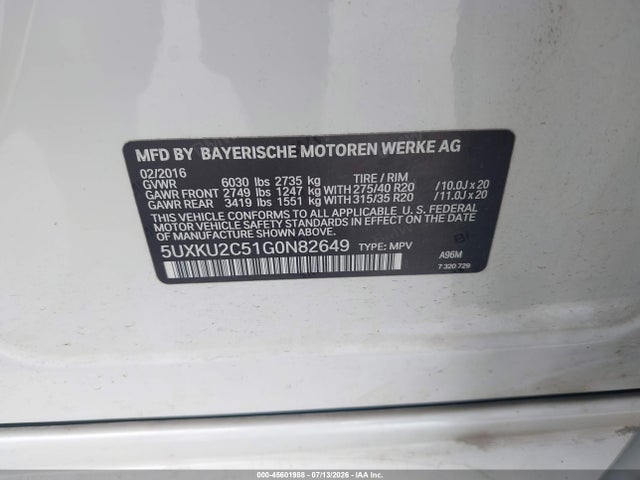Aukcja sprzedaży 2016 Bmw X6 Xdrive35i, vin: 5UXKU2C51G0N82649, numer aukcji: 45601988