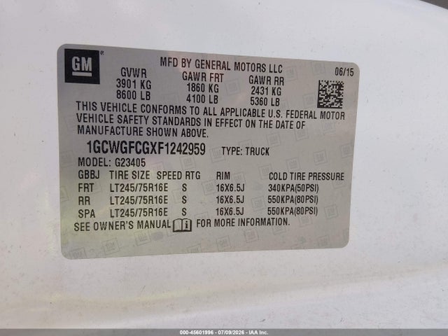 1GCWGFCGXF1242959 Chevrolet Express 2500 Work Van