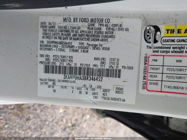 45602001 :رقم المزاد ، 3FAHP0HA3BR346452 vin ، 2011 Ford Fusion Se مزاد بيع