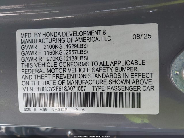 1HGCY2F61SA071557 Honda Accord Hybrid Ex-l