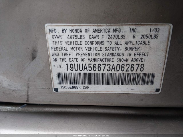 Aukcja sprzedaży 2003 Acura Tl 3.2, vin: 19UUA56673A062678, numer aukcji: 45602010