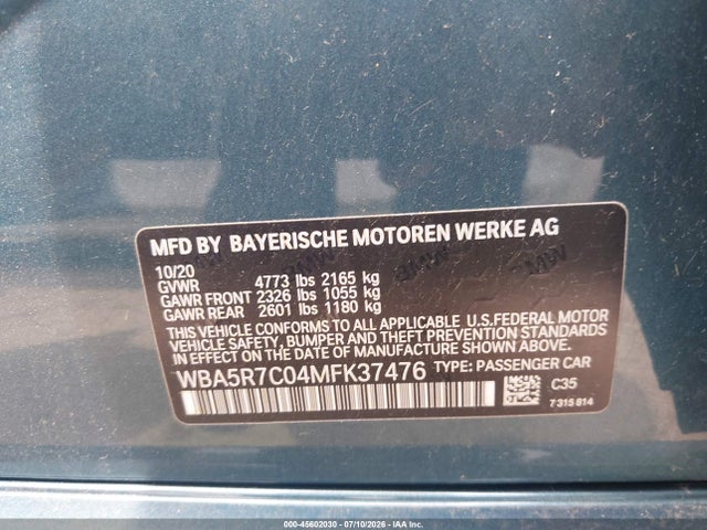 2021 Bmw 330i Xdrive მანქანა იყიდება აუქციონზე, vin: WBA5R7C04MFK37476, აუქციონის ნომერი: 45602030