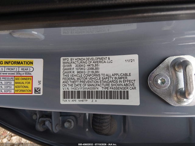 2022 Honda Accord Sport მანქანა იყიდება აუქციონზე, vin: 1HGCV1F3XNA005974, აუქციონის ნომერი: 45602032