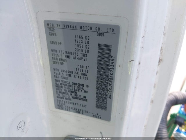 Продаж на аукціоні авто 2019 Nissan Nv200 S, vin: 3N6CM0KN8KK711447, номер лоту: 45602041