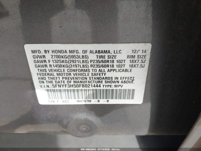2015 Honda Pilot Ex-l მანქანა იყიდება აუქციონზე, vin: 5FNYF3H50FB021444, აუქციონის ნომერი: 45602043