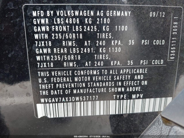 2013 Volkswagen Tiguan Se მანქანა იყიდება აუქციონზე, vin: WVGAV7AX3DW537177, აუქციონის ნომერი: 45602054