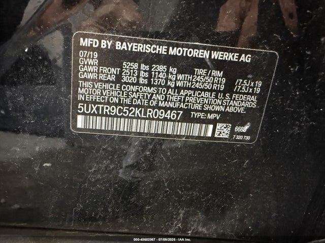 2019 Bmw X3 Xdrive30i მანქანა იყიდება აუქციონზე, vin: 5UXTR9C52KLR09467, აუქციონის ნომერი: 45602067