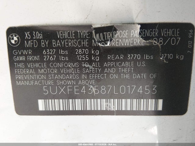 45602068 :رقم المزاد ، 5UXFE43587L017453 vin ، 2007 Bmw X5 3.0si مزاد بيع