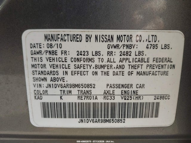 Aukcja sprzedaży 2011 Infiniti G25x, vin: JN1DV6AR9BM650852, numer aukcji: 45602070