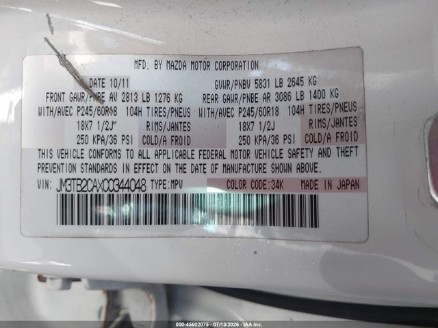 Aukcja sprzedaży 2012 Mazda Cx-9 Touring, vin: JM3TB2CAXC0344048, numer aukcji: 45602075