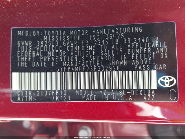 Продажа на аукционе авто 2025 Toyota Corolla Le, vin: 5YFB4MDE2SP332928, номер лота: 45602084