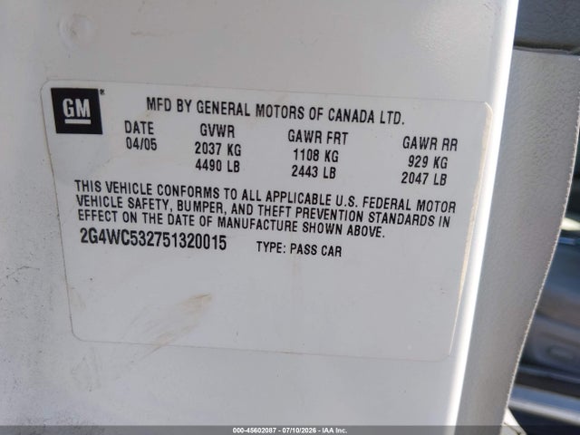 45602087 :رقم المزاد ، 2G4WC532751320015 vin ، 2005 Buick Lacrosse Cx مزاد بيع
