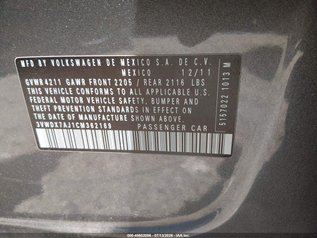 2012 Volkswagen Jetta 2.5l Se მანქანა იყიდება აუქციონზე, vin: 3VWDX7AJ1CM362169, აუქციონის ნომერი: 45602096