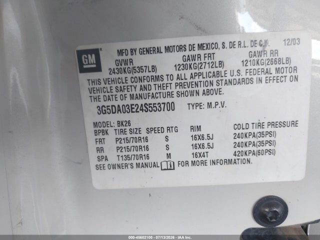 45602100 :رقم المزاد ، 3G5DA03E24S553700 vin ، 2004 Buick Rendezvous Cx مزاد بيع