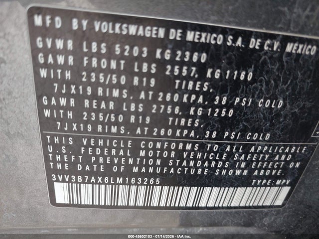 Продаж на аукціоні авто 2020 Volkswagen Tiguan 2.0t Se/2.0t Se R-line Black/2.0t Sel, vin: 3VV3B7AX6LM163265, номер лоту: 45602103