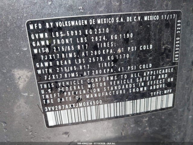 45602104 :رقم المزاد ، 3VV2B7AXXJM084500 vin ، 2018 Volkswagen Tiguan 2.0t Se/2.0t Sel مزاد بيع