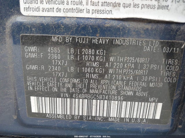 2011 Subaru Outback 2.5i Premium მანქანა იყიდება აუქციონზე, vin: 4S4BRBGC5B3410896, აუქციონის ნომერი: 45602107