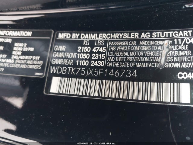 Aukcja sprzedaży 2005 Mercedes-benz Clk 500, vin: WDBTK75JX5F146734, numer aukcji: 45602128