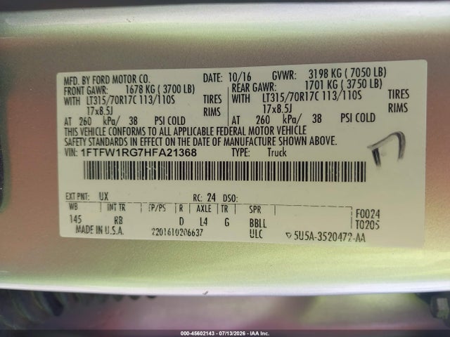 Ford F-150 Raptor 2017 1FTFW1RG7HFA21368 Image 9