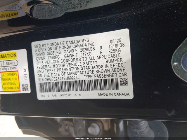 Auction sale of the 2025 Honda Civic Lx, vin: 2HGFE2F21SH602230, lot number: 45602147