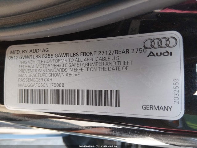45602161 :رقم المزاد ، WAUGGAFC5CN175088 vin ، 2012 Audi A6 3.0 Premium مزاد بيع