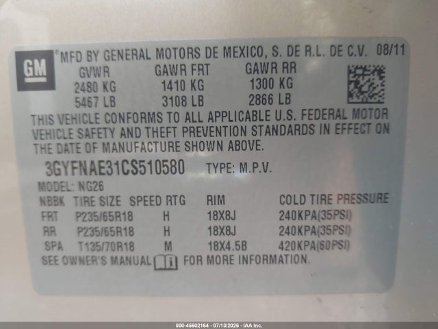 2012 Cadillac Srx Luxury Collection მანქანა იყიდება აუქციონზე, vin: 3GYFNAE31CS510580, აუქციონის ნომერი: 45602164