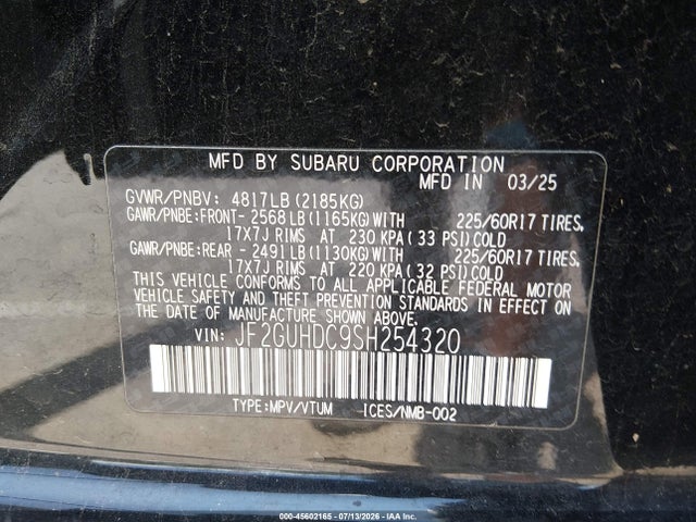 45602165 :رقم المزاد ، JF2GUHDC9SH254320 vin ، 2025 Subaru Crosstrek Premium مزاد بيع