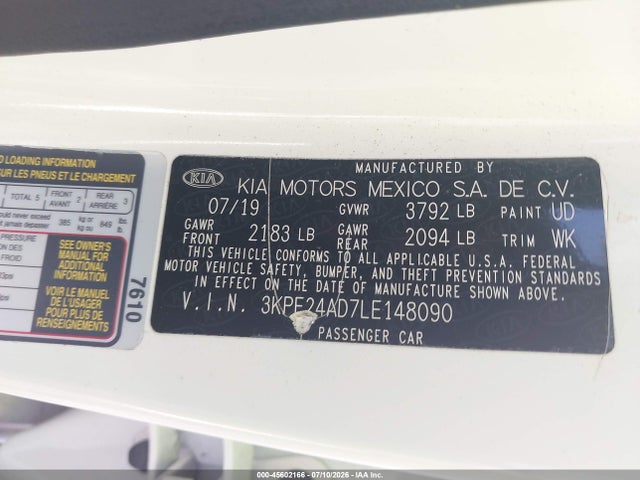 Aukcja sprzedaży 2020 Kia Forte Lxs, vin: 3KPF24AD7LE148090, numer aukcji: 45602166