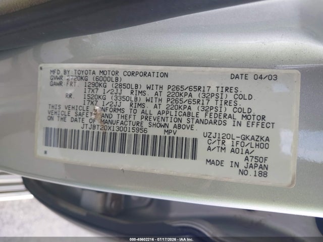 2003 Lexus Gx 470 მანქანა იყიდება აუქციონზე, vin: JTJBT20X130015956, აუქციონის ნომერი: 45602216