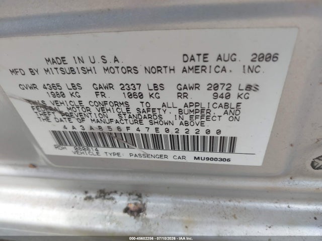 Aukcja sprzedaży 2007 Mitsubishi Galant Es, vin: 4A3AB56F47E022200, numer aukcji: 45602256