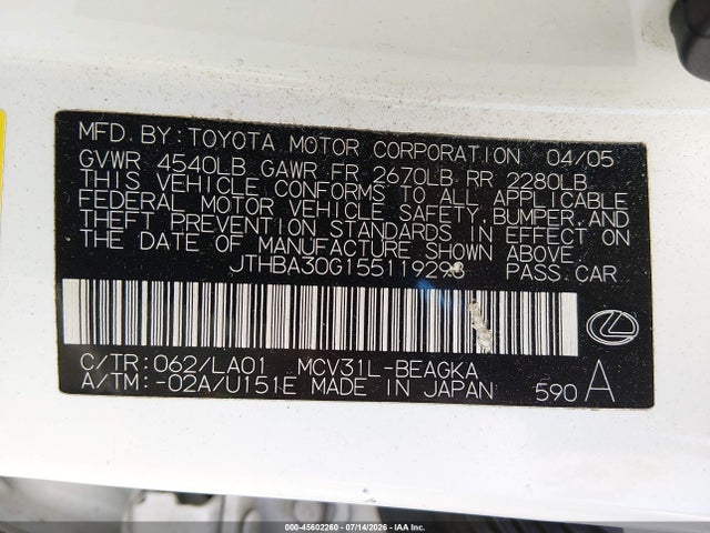 Aukcja sprzedaży 2005 Lexus Es 330, vin: JTHBA30G155119298, numer aukcji: 45602260