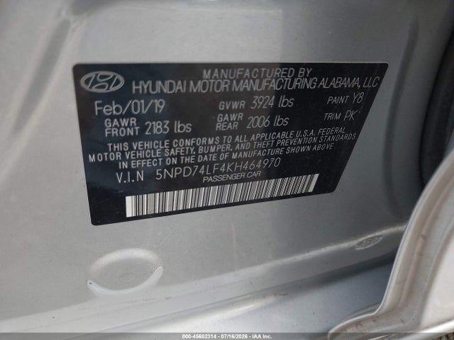 Продажа на аукционе авто 2019 Hyundai Elantra Se, vin: 5NPD74LF4KH464970, номер лота: 45602314