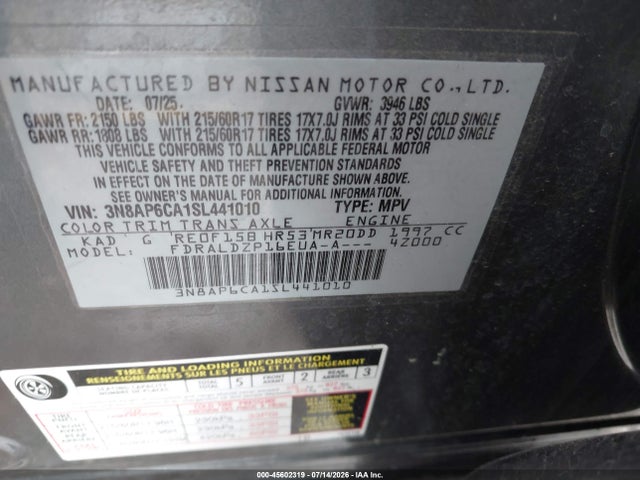 2025 Nissan Kicks Sv Fwd მანქანა იყიდება აუქციონზე, vin: 3N8AP6CA1SL441010, აუქციონის ნომერი: 45602319