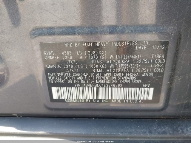 2014 Subaru Outback 2.5i Limited მანქანა იყიდება აუქციონზე, vin: 4S4BRBLC4E3246292, აუქციონის ნომერი: 45602349