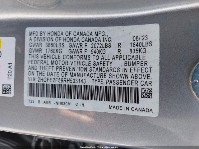 2HGFE2F59RH503143 Honda Civic Sport