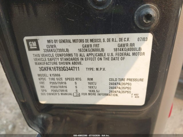 2003 Gmc Yukon Xl 1500 Slt მანქანა იყიდება აუქციონზე, vin: 3GKFK16T83G344711, აუქციონის ნომერი: 45602390