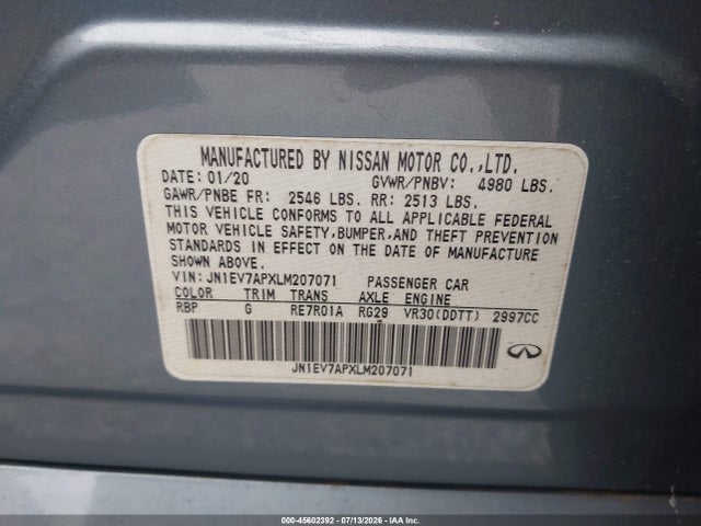45602392 :رقم المزاد ، JN1EV7APXLM207071 vin ، 2020 Infiniti Q50 Luxe مزاد بيع