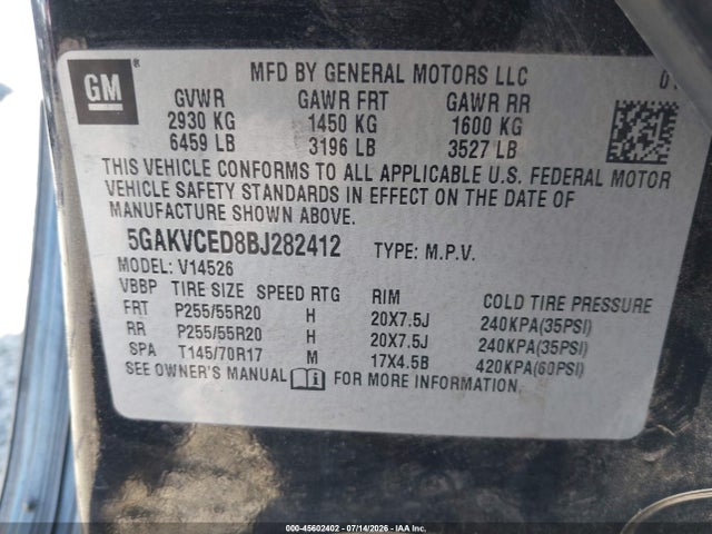 45602402 :رقم المزاد ، 5GAKVCED8BJ282412 vin ، 2011 Buick Enclave 2xl مزاد بيع
